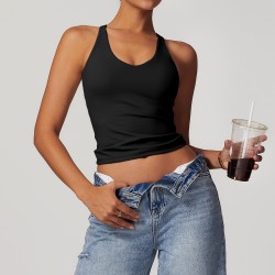Women's Black Basic Racerback Sports Tank Top with Built-in Bra