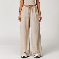 Women's Beige Elastic Waist Loose Fit Lounge Trousers