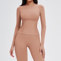 Women's Nude Beige Seamless Cropped Athletic Top with Crew Neck