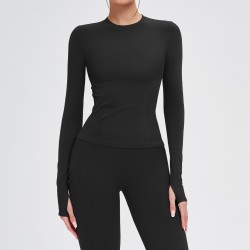 Women's Black Slim-Fit Long Sleeve Workout Top with Thumb Holes