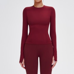 Women's Wine Red High-Waist Seamless Long Sleeve Fitness Top