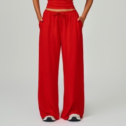 Women's Red Relaxed Fit Elastic Waist Casual Drawstring Pants